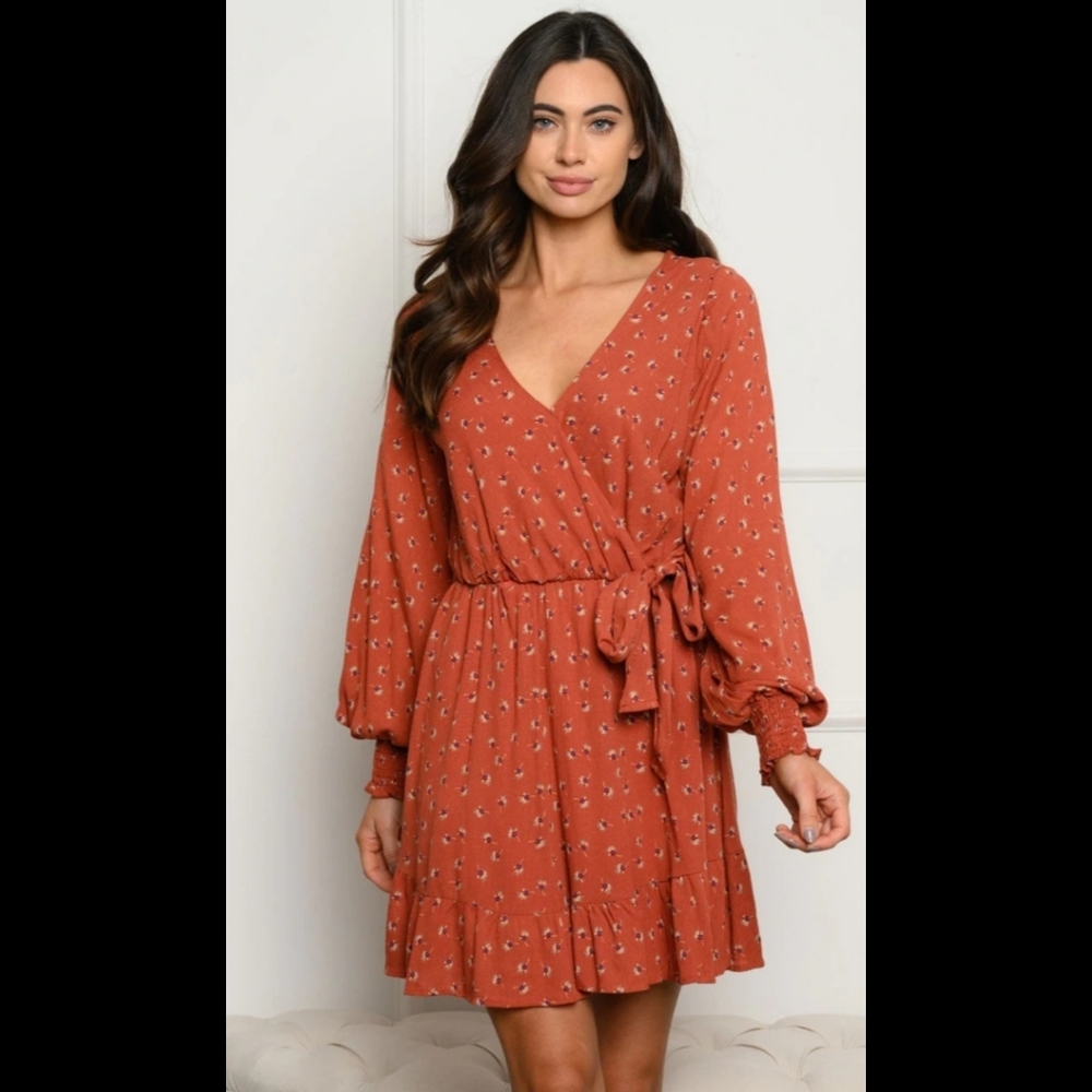 9. Orange ditsy floral v-neck surplice wrap waist smocked long sleeve dress